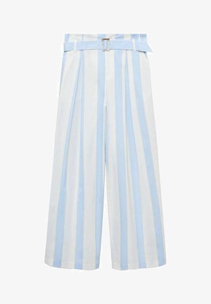 Pantaloni evazați în dungi albastre și albe, din bumbac, cu talie marcată de un cordon, pliuri frontale și o textură netedă.