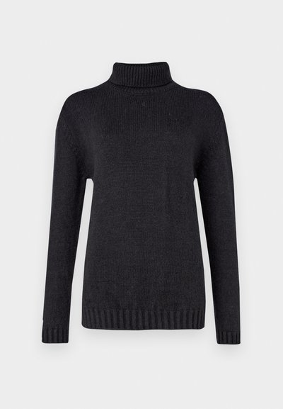 Mørk grå turtleneck-genser laget av et teksturert strikkemateriale, med lange ermer og ribbestrikkede mansjetter og nederkant.