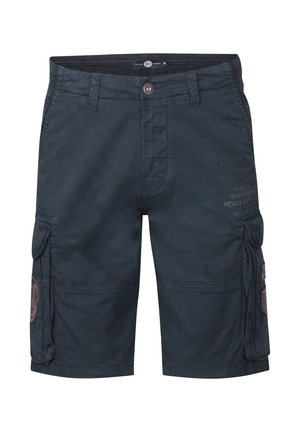 Donkerblauwe cargoshorts van stevig materiaal, met zijzakken, een knoopsluiting en een subtiele logodetail op de voorkant.