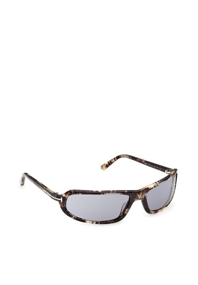 Rectangular sunglasses with dark tinted lenses and tortoiseshell patterned frames and arms, set against a white background.