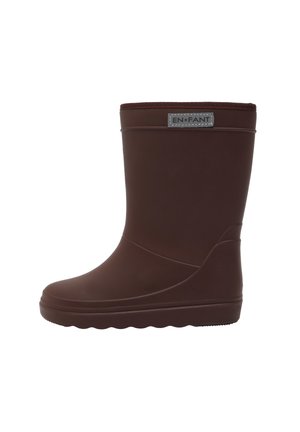 Kindermaat donkerbruine rubberen regenlaars tot halverwege de kuit met een gestructureerde zool en EN+FANT-label nabij de bovenrand op een effen achtergrond.
