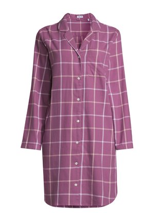 Langärmliges Hemdkleid in Staubrosa mit weißem und hellrosa Karo-Muster und Brusttasche.