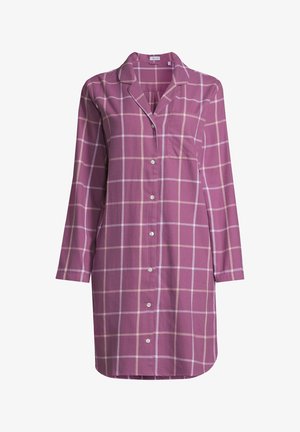Robe-chemise à manches longues boutonnée, de couleur rose poussière, avec un motif à carreaux en quadrillage blanc et rose clair et une poche poitrine.
