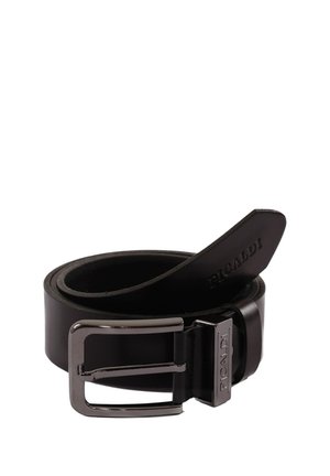 Black leather belt rolled up with silver metal buckle engraved with brand name "Picaldi."