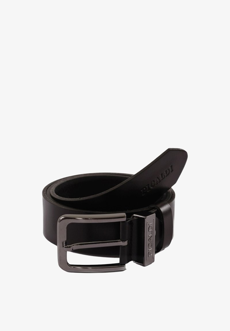 Black leather belt rolled up with silver metal buckle engraved with brand name "Picaldi."