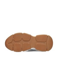 Suola della scarpa in materiale gommoso marrone con un motivo antiscivolo. Bordo liscio e diverse sezioni rialzate per una migliore trazione.