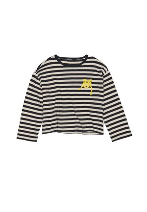 Wzorzysty longsleeve w kolorze kremowym i granatowym, o prążkowanej fakturze i żółtej grafice z przodu. Okrągły dekolt i krótki fason.