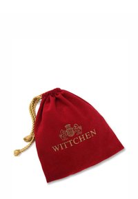 Samtiger roter Drawstring-Beutel mit goldfarbenem Logo "WITTCHEN", ausgestattet mit einer weichen Textur und einem runden Bodendesign zur Aufbewahrung oder zum Verschenken.