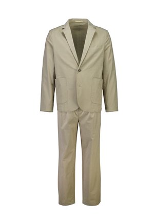 Beige herre jakkesæt i to dele med en enkeltknappet blazer med notch revers og påsatte lommer, kombineret med bukser med lige ben.