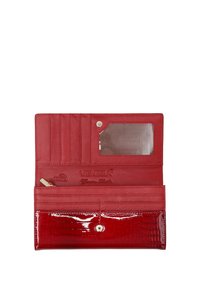 Red leather wallet with a textured finish, featuring card slots, a transparent ID window, and a glossy bottom section with a snap closure.