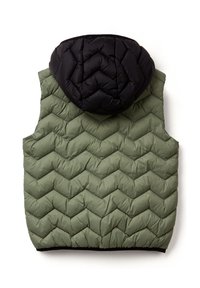 Panciotto imbottito verde con cappuccio nero, caratterizzato da un motivo a chevron a trapunta e una forma leggermente aderente. Materiale sintetico morbido senza maniche.