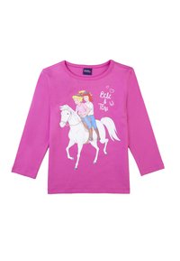 Langärmliges, pinkes Baumwoll-T-Shirt mit einem grafischen Design von zwei Mädchen, die auf einem weißen Pferd reiten, sowie dem Text "Bibi & Tina" und Herzakzenten.