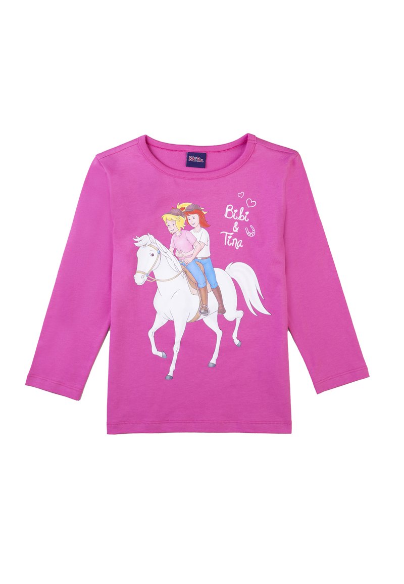 Langärmliges, pinkes Baumwoll-T-Shirt mit einem grafischen Design von zwei Mädchen, die auf einem weißen Pferd reiten, sowie dem Text "Bibi & Tina" und Herzakzenten.