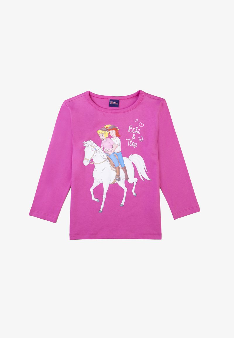 Langärmliges, pinkes Baumwoll-T-Shirt mit einem grafischen Design von zwei Mädchen, die auf einem weißen Pferd reiten, sowie dem Text "Bibi & Tina" und Herzakzenten.