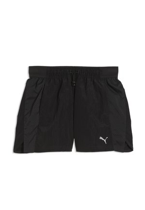 Shorts de sport noirs Puma avec taille élastique, cordon, panneaux latéraux perforés et logo Puma sur la jambe avant gauche.