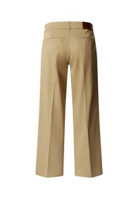 Χακί παντελόνια με φαρδιά μπατζάκια από απαλό βαμβακερό μείγμα, με δύο πίσω τσέπες και καφέ δερμάτινη λεπτομέρεια στη ζώνη μέσης.