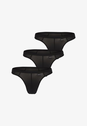 Three black men's mesh briefs with elastic waistbands and small brand tags on the front, arranged in a staggered stack.