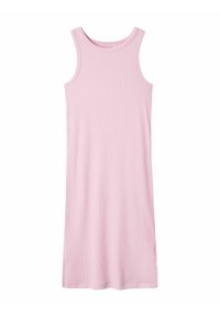 Ribbad, utan ärmar klänning i mjukt rosa tyg. Har rund halsringning och en rak silhuett, lämplig för avslappnat bruk.