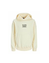 Cremefarvet hætte sweatshirt med forsigtig lomme, ribbede manchetter og kant, med trykt logo tekst i sort på brystet.