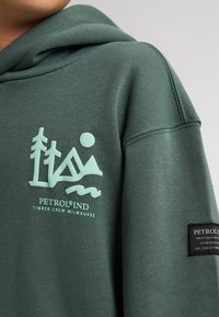 Groene hoodie met een gestructureerde afwerking, voorzien van een lichtblauw grafisch beeld van bomen, bergen en een zon, met branding op het mouwenlabel.