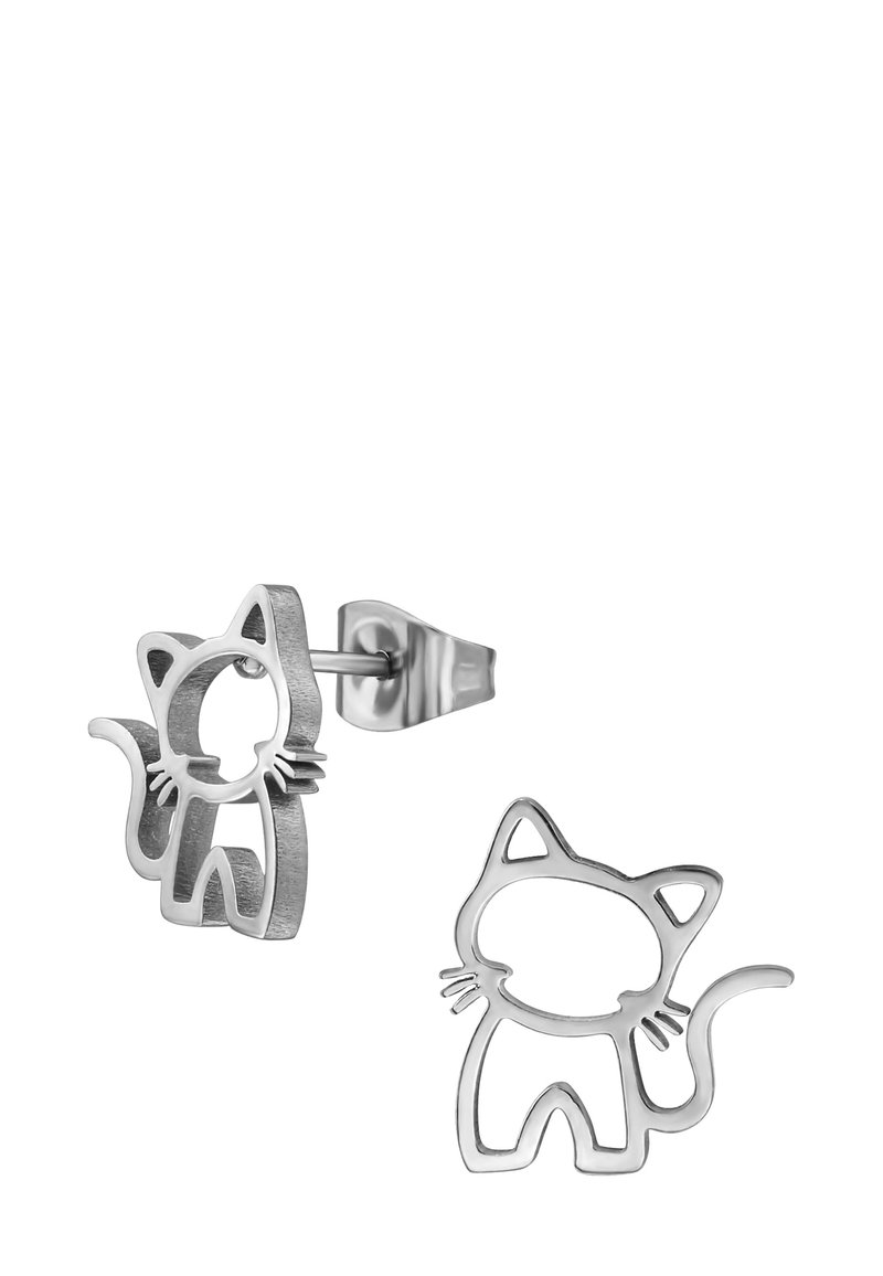 Zilveren metalen oorbellen in de vorm van een kat met uitsnedes. Heeft ronde oren en een gebogen staart, wat een speelse, minimalistische esthetiek presenteert.