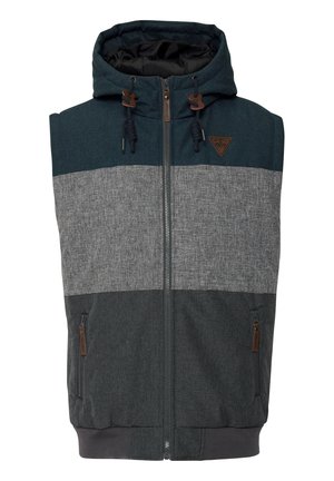 Sleeveless hooded vest with dark teal, grey, and textured accents. Features a front zipper, drawstring hood, and side pockets.