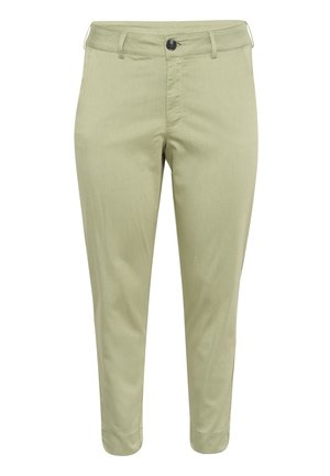 Svetlozelené nohavice so slim fit strihom, s predným zapínaním na gombík, vreckami a hladkým, mierne štruktúrovaným materiálom.