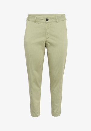 Heledad roheline pükste putk, millel on eesmine nupulukk, taskud ja sile, kergelt tekstuuriga kangas.