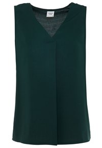 Grünes ärmelloses Top mit V-Ausschnitt, aus glattem Stoff gefertigt. Verfügt über eine dezente Vorderfalte und einen geraden Saum. Pflegeetikett sichtbar.