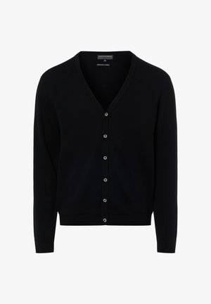 Schwarze Strickjacke mit V-Ausschnitt, Knöpfen vorne, langen Ärmeln und geripptem Saum. Glatte Textur und klassisches Design.