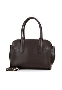 Skórzana torba w ciemnym brązie, o strukturalnym kształcie z zaokrąglonymi krawędziami, podwójnymi uchwytami oraz odczepianym paskiem na ramię z akcentami ze złotego metalu.