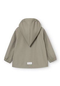 Veste à capuche gris clair avec poignets élastiques et une petite étiquette blanche près du bas, au centre du dos.