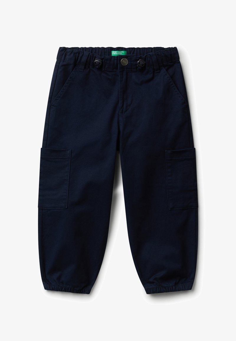 Námořnické modré dětské cargo kalhoty s elastickým pasem a manžetami, předními kapsami a bočními klopovými kapsami.