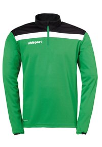 Grøn langærmet sports-pullover med sort og hvid vandret stribe over brystet og kvart-lynlås krave, "uhlsport" logo på venstre bryst.