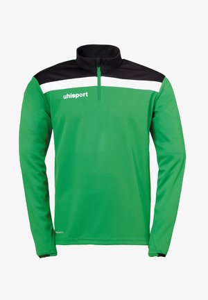 Grøn langærmet sports-pullover med sort og hvid vandret stribe over brystet og kvart-lynlås krave, "uhlsport" logo på venstre bryst.