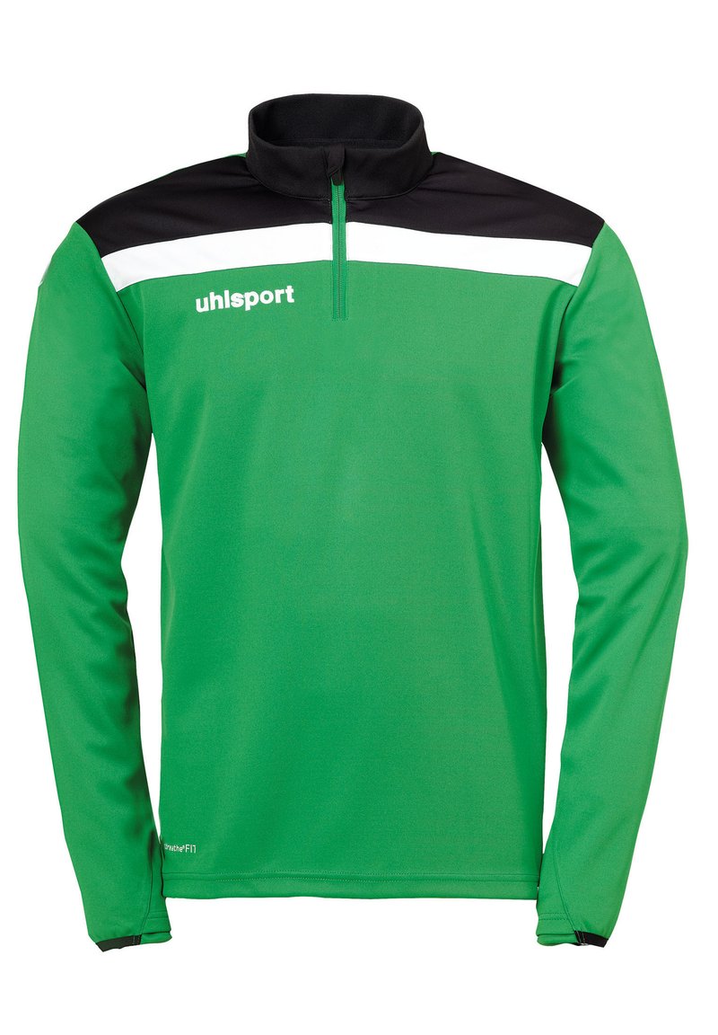 Grøn langærmet sports-pullover med sort og hvid vandret stribe over brystet og kvart-lynlås krave, "uhlsport" logo på venstre bryst.