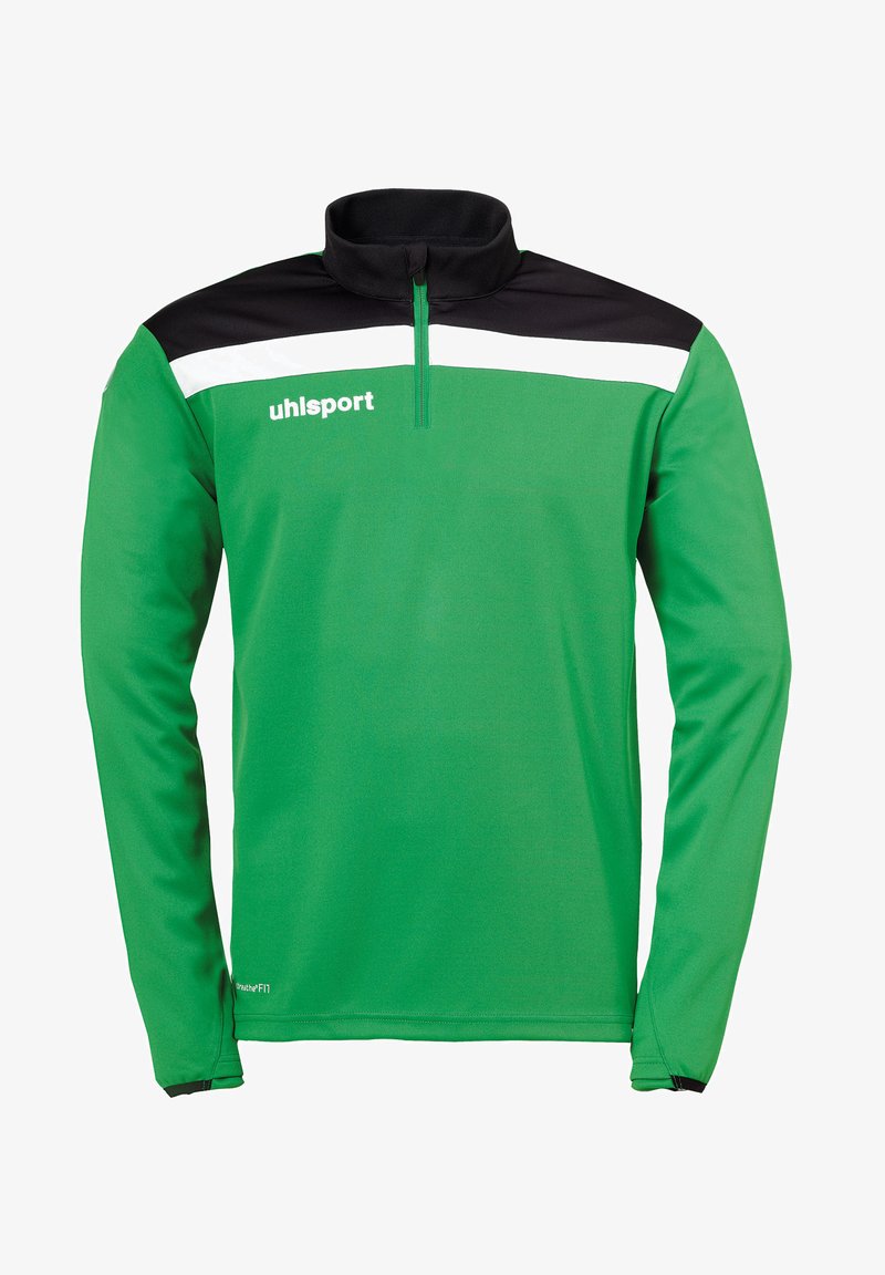 Grøn langærmet sports-pullover med sort og hvid vandret stribe over brystet og kvart-lynlås krave, "uhlsport" logo på venstre bryst.