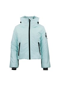 Veste cropped bleu clair en matériau isolant, dotée d'un col haut, d'une fermeture éclair noire et de deux poches latérales avec fermetures éclair.