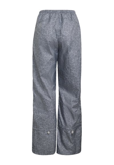 Pantalon gris à coupe ample avec taille élastique et motif en dentelle florale, doté de cordons ajustables près de l'ourlet de chaque jambe.
