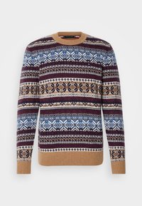 Strickpullover mit einem gemusterten Design in burgunderrot, blau, creme und beige. Rundhalsausschnitt mit gerippten Bündchen und Saum, weiche Textur.