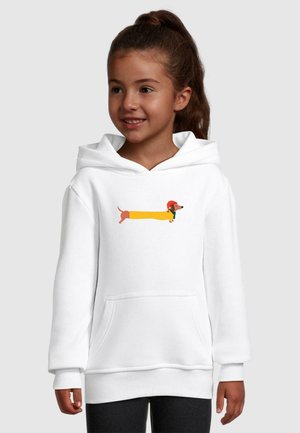 Hvid hættejakke med et farverigt grafisk motiv af en dachshund iført hat og tørklæde, med en frontlomme og ribbestrikkede manchetter.
