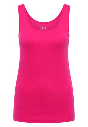 Camiseta sin mangas de color rosa brillante con escote redondo y etiqueta "Cecil Essentials" en el interior del cuello.