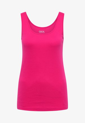 Camiseta sin mangas de color rosa brillante con escote redondo y etiqueta "Cecil Essentials" en el interior del cuello.