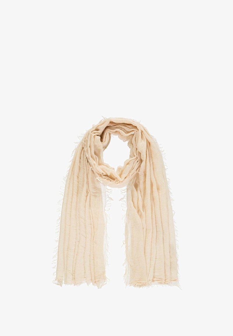 Jasno beżowy szalik z teksturowanej tkaniny, z frędzlami i pomarszczonym wzorem, o miękkim i lekkim wyglądzie.