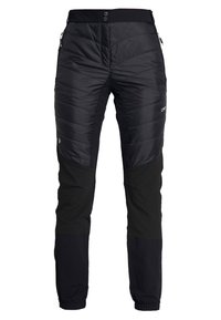 Pantalon d'extérieur isolé noir avec panneaux avant matelassés, poches latérales zippées, poches latérales zippées, poignets élastiques et fermeture par bouton à la taille.