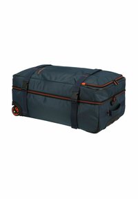 Sac de voyage à roulettes bleu marine avec des accents orange, en tissu durable, deux poignées de transport et des roues pour un transport facile. Design solide et fermeture à glissière.