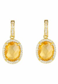 Guldtonade hängande örhängen med ovala gula ädelstenar omgivna av klara rhinestones på en pave-set bail.
