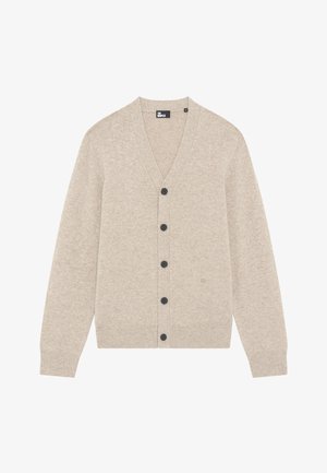 Cardigan leggero beige con scollo a V, bottoni neri sul davanti, polsini e orlo a costine. Realizzato in un tessuto morbido e testurizzato.