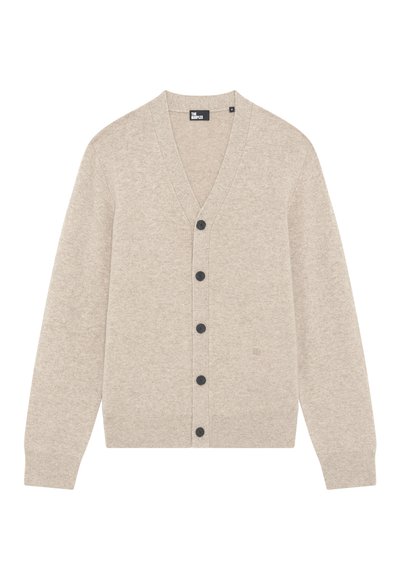 Beige lichtgewicht cardigan met een V-hals, zwarte knopen aan de voorkant, ribgebreide manchetten en zoom. Gemaakt van zachte, gestructureerde stof.