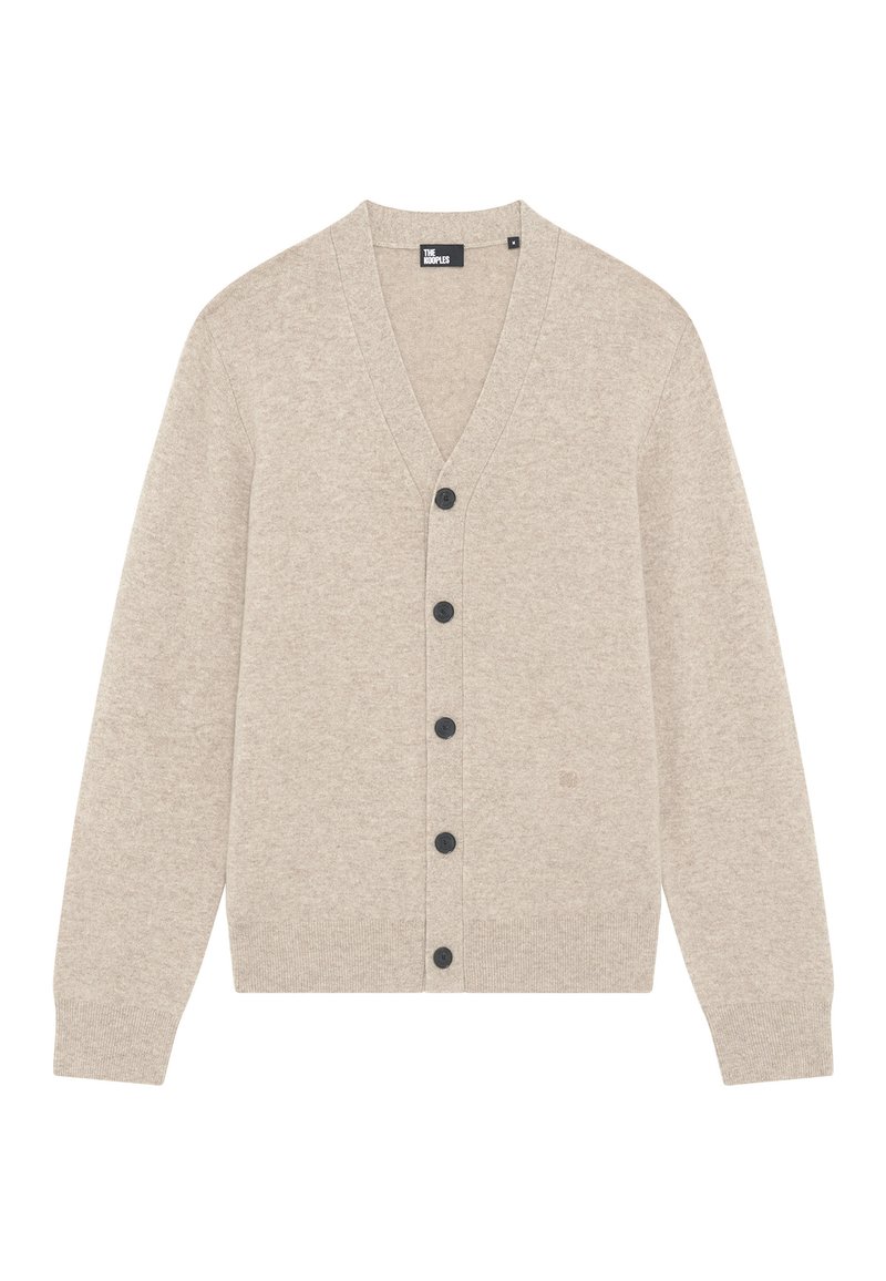 Beige lichtgewicht cardigan met een V-hals, zwarte knopen aan de voorkant, ribgebreide manchetten en zoom. Gemaakt van zachte, gestructureerde stof.